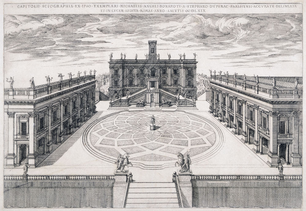 エティエンヌ・デュペラック「カンピドリオ広場の眺め」1569年、エッチング、ローマ美術館蔵