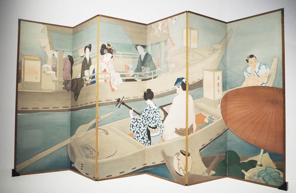 木谷千種「浄瑠璃船」（１９２６年、大阪中之島美術館蔵）。舟遊びを描いた帝展入選作。千種は大阪の伝統行事や人形浄瑠璃などの画題を好んだ